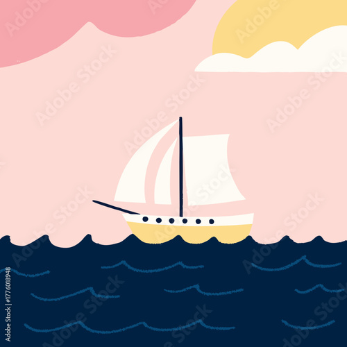 Sailboat on the Ocean Under a Pink and Yellow Sky