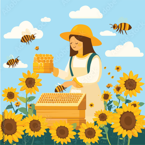 Beekeeper collects fresh honey from honeycomb next to blooming sunflowers in apiary   , vector style simple color
