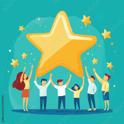 Customers celebrate outstanding five star product reviews and excellent service satisfaction   , vector style simple color