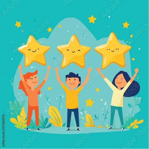 Customers celebrate outstanding five star product reviews and excellent service satisfaction   , vector style simple color