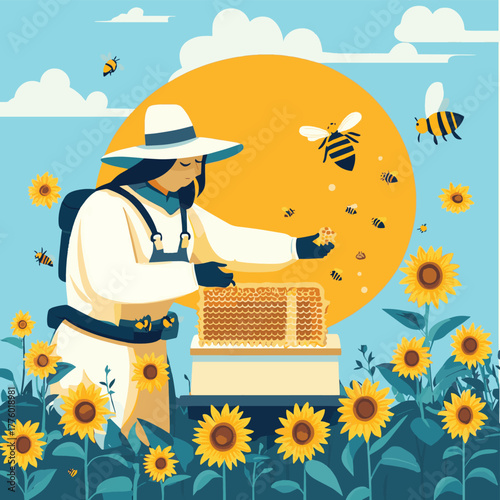 Beekeeper collects fresh honey from honeycomb next to blooming sunflowers in apiary   , vector style simple color