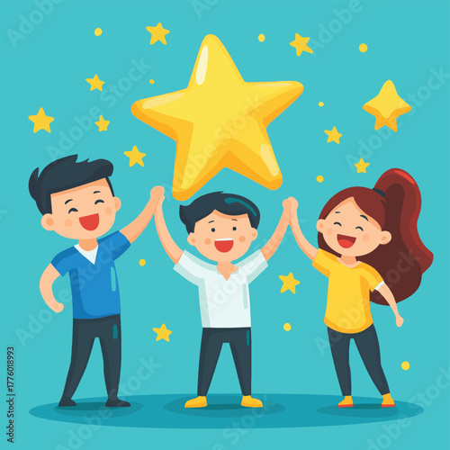 Customers celebrate outstanding five star product reviews and excellent service satisfaction   , vector style simple color