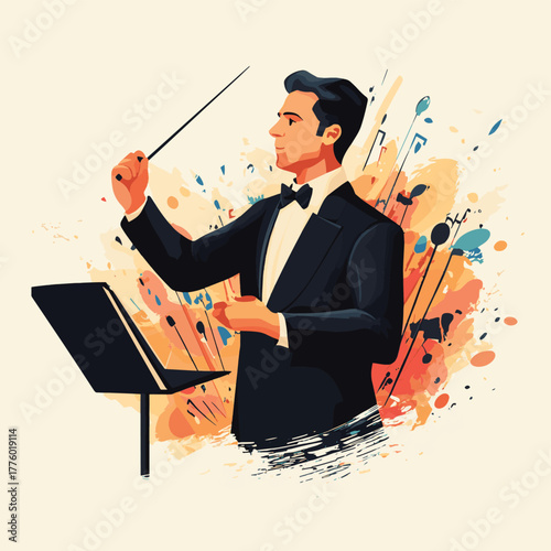 Orchestra conductor leading musical performance with baton and music stand   , vector style simple color