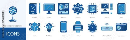 technology and electronic icon collection set. Containing Monitor, Motherboard, Technology, Processor, Computer icon
