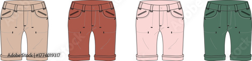 A stylish collection of children's casual pants, showcasing four unique color variations with practical pockets and trendy rolled cuffs, ideal for comfortable daily wear and active playtime
