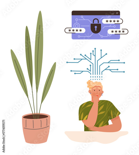 Thoughtful individual in front of desk, digital circuits connected to head, and locked password screen. Ideal for cybersecurity, technology, privacy, data protection, contemplation, innovation