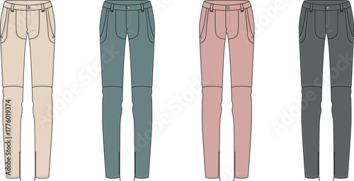 Collection of women's casual trousers with knee patches. Fashion technical flat sketch set showing multiple color options for apparel design and clothing mockups
