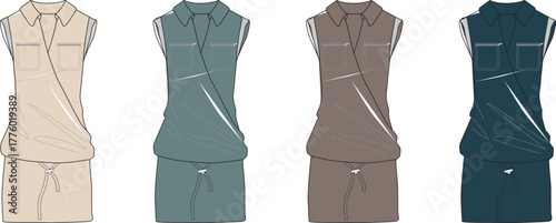 Fashionable Sleeveless Shirt Dress Vector Illustration Set