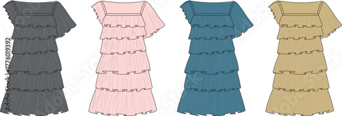 Fashion illustration of a women's tiered ruffled one-shoulder midi dress, presented in a range of contemporary colors, ideal for apparel design, showcasing modern feminine style concepts