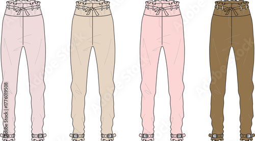 Set of women's high-waisted paperbag trousers with ruffled details, a fashion design flat sketch template in multiple colors