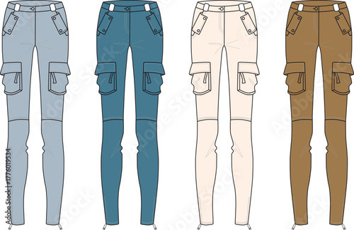 A collection of women's skinny fit cargo pants shown in four different colors. Fashion technical flat sketch vector illustration for apparel design