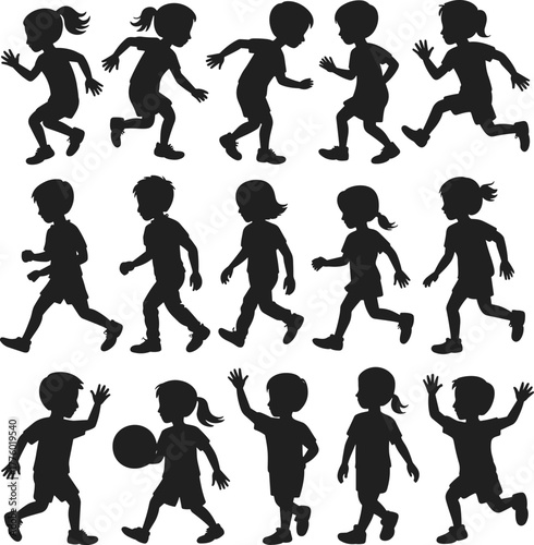 Silhouette vector illustration of children running, walking, and playing in various poses, depicting childhood activity, energy, movement, and fun outdoors