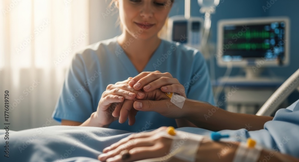 Obraz premium Caring female nurse holding hands of a patient with an IV drip in a hospital bed, providing comfort and emotional support.
