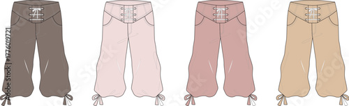 Vector illustration set of women's lace-up harem pants in a pastel and earth tone color palette for fashion design