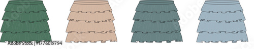 Set of four different color tiered dresses in a row, each featuring a ruffled design and varying shades of green, beige, and blue