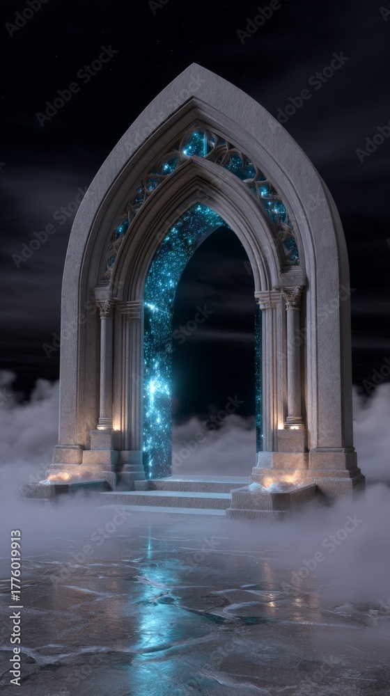 Fototapeta premium Mystical gothic archway portal with digital cosmic scene