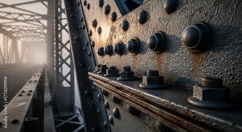 Close up of a weathered metal bridge with rivets and bolts in foggy conditions