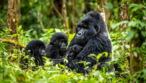 A serene scene of a gorilla family nestled amongst lush green foliage in a dense forest setting