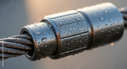 Close up of a metal cable connector with water droplets and blurred background