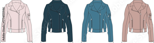 Fashionable array of women's cropped biker jackets, presented as clean vector illustrations in diverse color options for contemporary apparel design and style showcases
