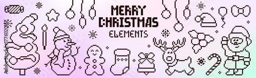 Pixel art Christmas contour elements. Y2k New Year icons. 8 bit Santa Claus, snowman, reindeer, tree.
