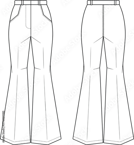 Flared jeans technical fashion flat sketch, denim pants design vector template, stylish women trousers CAD drawing, detailed apparel illustration