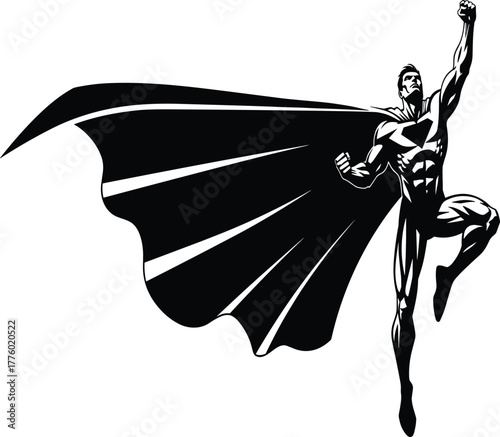 Flying superhero silhouette, muscular comic hero in cape, power pose vector, strong man illustration, heroic action scene, bold design
