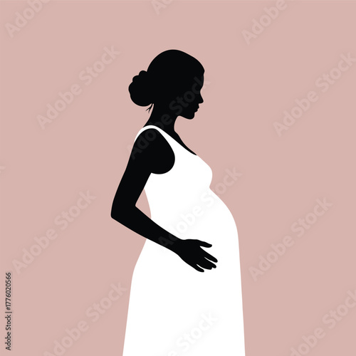 Pregnant woman in a white dress isolated on pink background