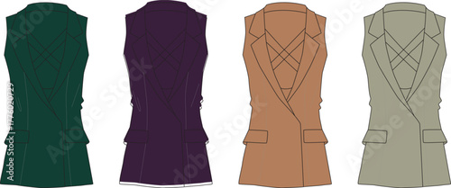 Chic collection of women's long sleeveless blazer vests in four colors. Technical flat vector illustration of tailored waistcoats for fashion design and apparel mockups