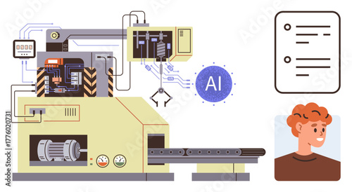 Manufacturing equipment integrated with AI processing unit, control panel, robotic arm, user interface, and checklist. Ideal for technology, automation, manufacturing, AI innovation machine
