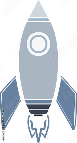 Low Poly 3D Rocket Ship Icon with Faceted Nose Cone Stubby Fins and Orbital Plume in Tilted Ascent Compact Badge Form