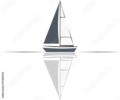 Minimalist Sailboat Subject with Clean Mast Lines Calm Mirrored Water and Centered Horizon Composition