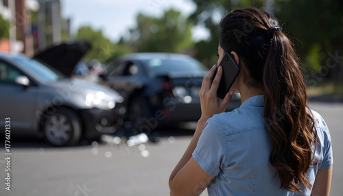 Focus on a woman talking on a mobile phone, view from behind, two car crash accident scene, blurry, selective focus background, car insurance concept situation after accident.