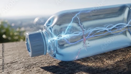 Water Bottle with Energy Inside Lying on Ground with Cityscape Background