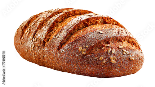 Artisan whole wheat bread loaf with sunflower seeds and a dusting of flour, isolated on transparent background