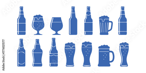 Set of beer bottle and glass icons, depicted in black silhouette. Vector illustration