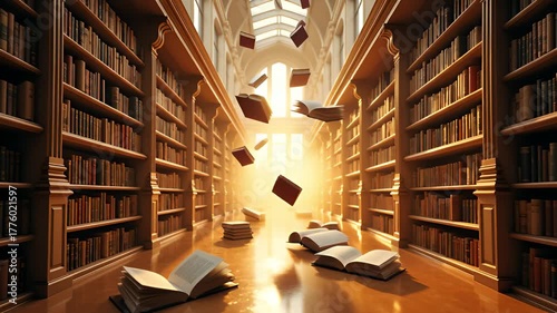 Grand Library Hall with Books Floating in Golden Sunlight Rays Illuminating Wooden Shelves and Open Pages