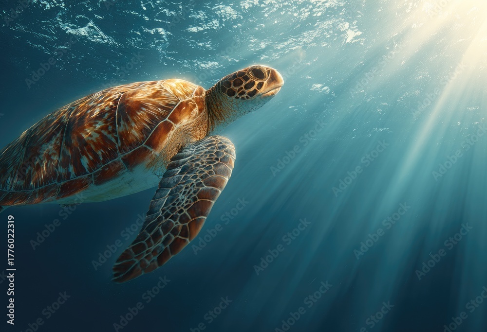 Fototapeta premium A sea turtle swims gracefully underwater, bathed in sunlight