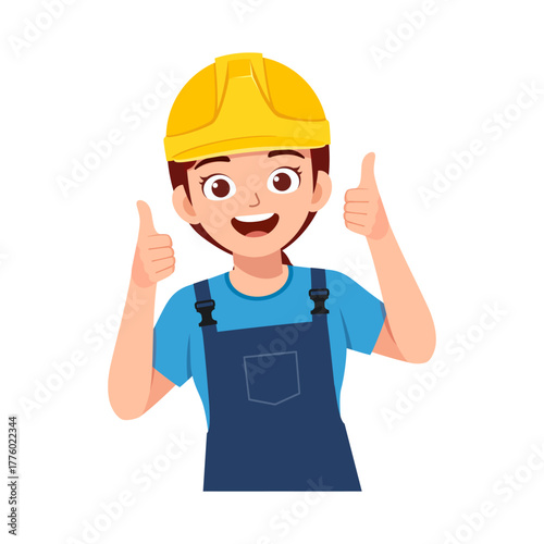 Happy Caucasian Woman Construction Worker Giving Thumbs Up Wearing Yellow Helmet Smiling