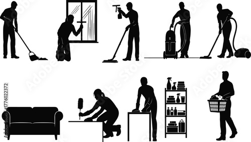 Home cleaning service, people doing household chores, cleaning equipment, vacuuming, mopping, dusting, washing windows, daily routine, domestic workers