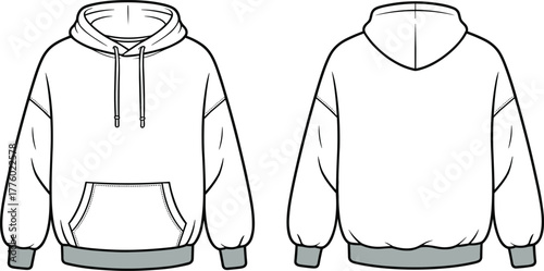 Hoodie sweatshirt technical flat sketch, casual pullover fashion vector template, unisex streetwear garment CAD drawing, detailed apparel design illustration