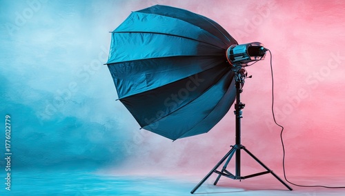strobe light with large umbrella modifier is set up on a tripod.