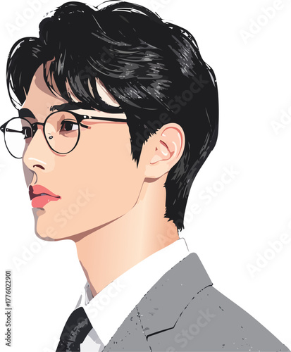 メガネをかけたショートヘアのスーツ男性の横顔イラスト素材