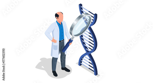 Dedicated scientist examining DNA structure with magnifying glass, unlocking new discoveries in genetic research and medical breakthroughs for future health
