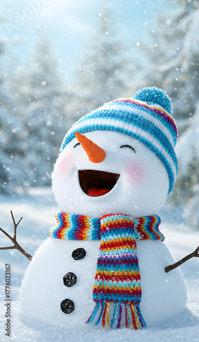 Cheeky Happy Snowman with Knitted Hat and Rainbow Scarf in Snowy Forest