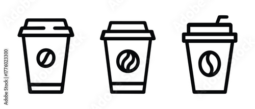 Takeaway coffee cup icon set, disposable coffee bean symbol