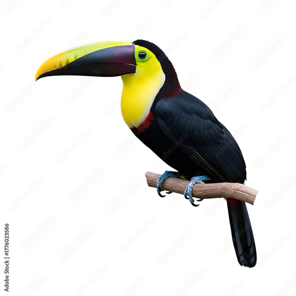 Obraz premium Toucan, perched on a branch with vibrant yellow beak and black plumage, cutout, PNG isolated on white or transparent background