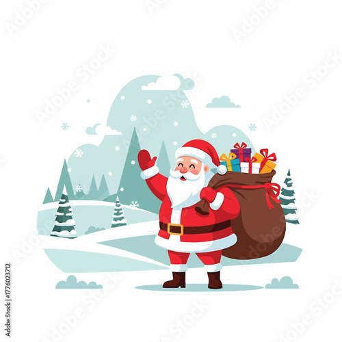 Happy santa claus waving greeting with a sack full of presents in a snowy winter landscape vector