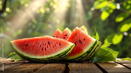 Sliced watermelon on wooden table, sunny outdoor setting