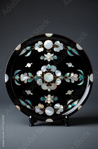 Korean Lacquerware Pattern Design, Intricate Mother-of-Pearl Inlay on Black Lacquer by traditional Korean Najeonchilgi	
